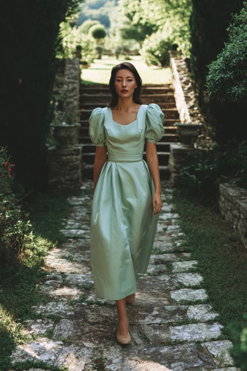 A woman in a mint green tea-length dress with short puff sleeves and a belted waist, walking down a stone path lined with greenery at a formal summer wedding 