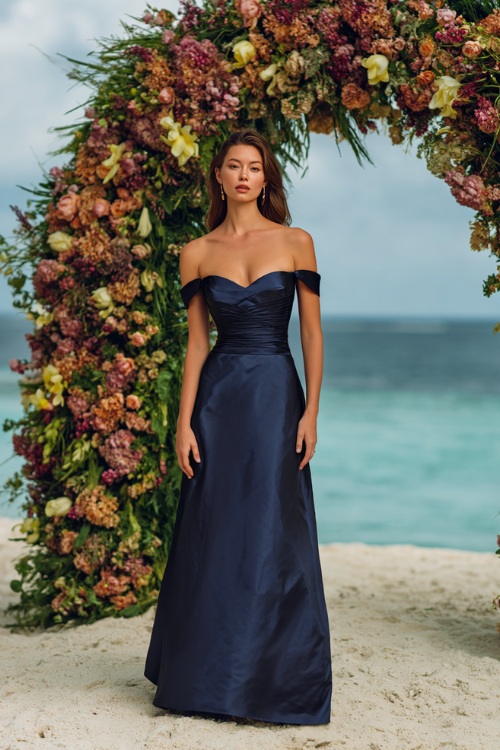 A woman in a navy blue floor-length satin gown with a structured bodice and off-the-shoulder sleeves, posing near a grand floral arch at a sunset beach wedding 