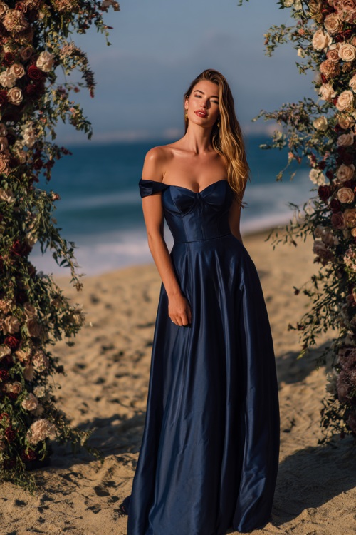 A woman in a navy blue floor-length satin gown with a structured bodice and off-the-shoulder sleeves, posing near a grand floral arch at a sunset beach wedding 