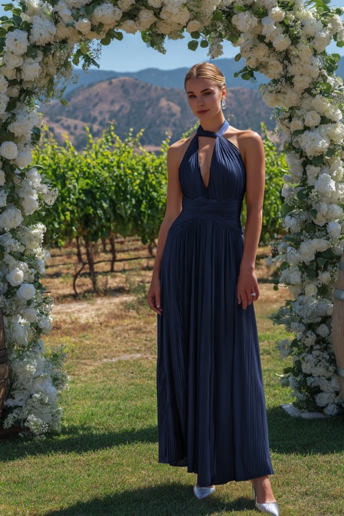A woman in a navy blue halter-neck pleated maxi dress with silver heels and a matching clutch, standing beside a white floral wedding arch in a sunny vineyard