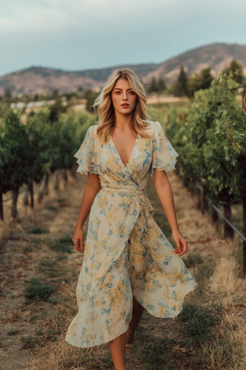 A woman in a pastel floral-print flowy midi dress with flutter sleeves and a wrap front, walking through a vineyard wedding venue