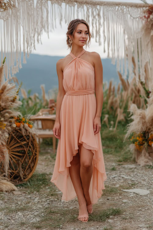 A woman in a peach high-low cocktail dress with a halter neckline and flowy skirt, standing in front of a boho wedding setup with pampas grass and macrame décor 