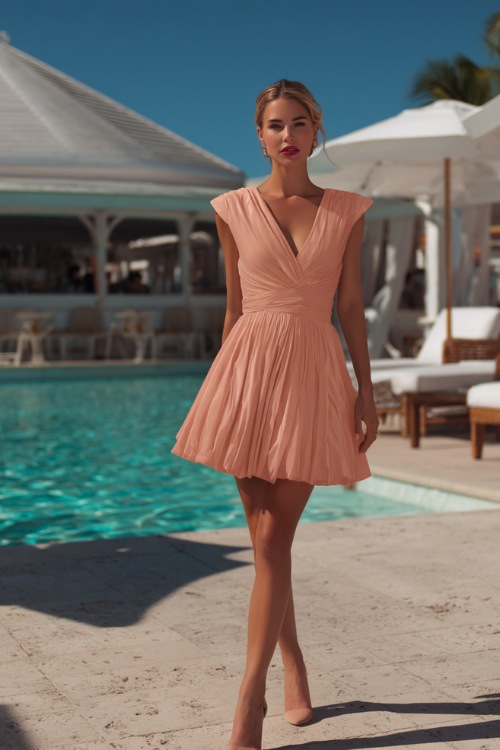 A woman in a peach short fit-and-flare dress with a pleated skirt and cap sleeves, walking beside a poolside wedding lounge area 