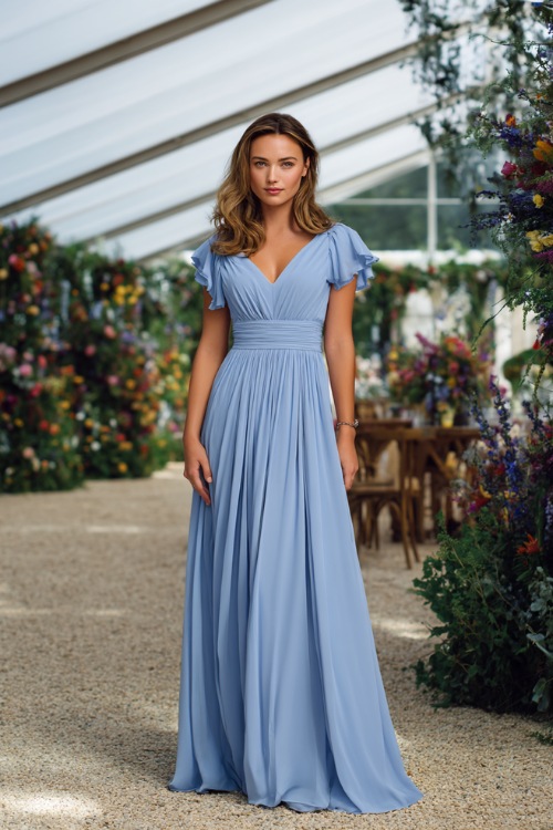 A woman in a periwinkle blue gown with short flutter sleeves and subtle pleats, standing near a clear tented reception with hanging floral arrangements