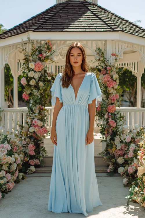 A woman in a powder blue A-line dress with flutter sleeves and a modest V-neck, posing near a white wedding gazebo surrounded by fresh florals