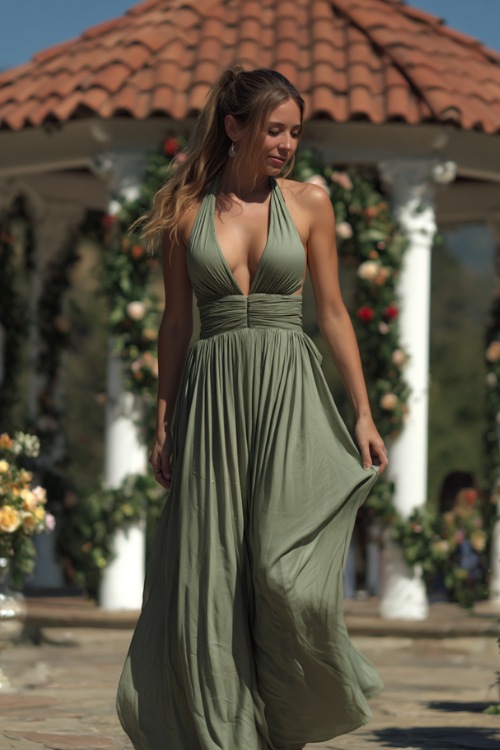 A woman in a sage green maxi dress with a deep V-neck, empire waist, and fluttery fabric, walking near a flower-draped gazebo