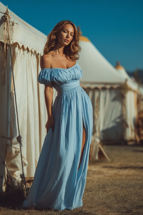 A woman in a sky-blue off-the-shoulder maxi dress with a breezy A-line skirt, standing beside a white wedding tent with billowing curtains