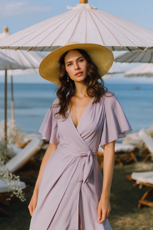 A woman in a soft lavender wrap dress with a midi hem and flutter sleeves, standing beside a coastal wedding setup with white parasols