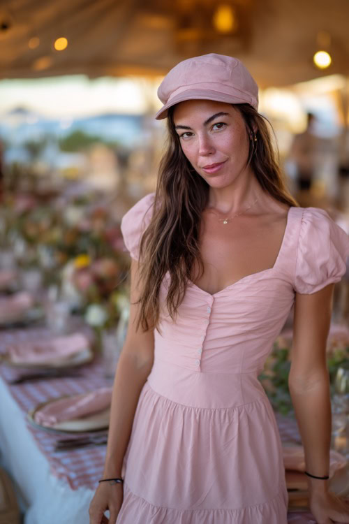 A woman in a soft pink cap-sleeve midi dress with smocked detail and tiered skirt, standing near a family-style dinner setup at an outdoor wedding 