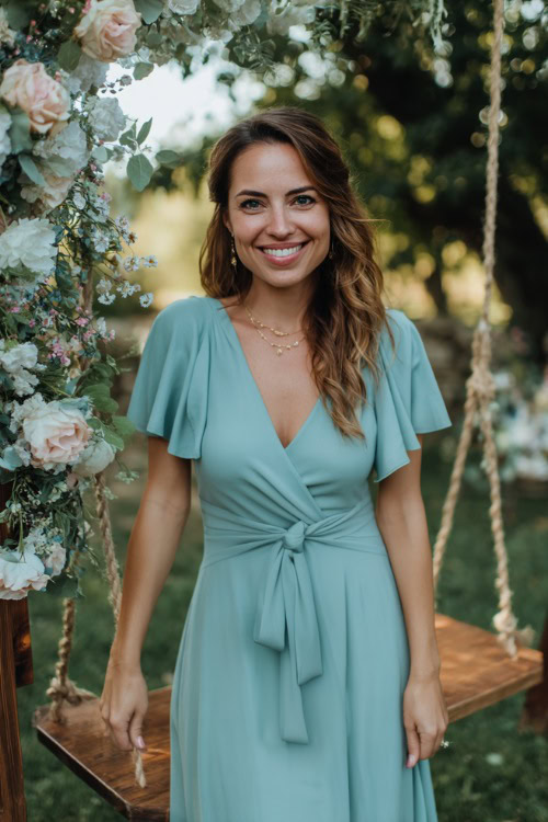 A woman in a soft teal midi dress with ruffled sleeves and a wrap tie at the waist, standing next to a floral-covered wooden swing at a backyard summer wedding 