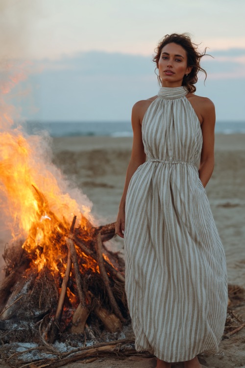 A woman in a striped beige and white cotton dress with a high neckline and relaxed shape, standing barefoot near a beach wedding bonfire area 