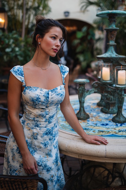 A woman in a white and blue floral midi dress with a square neckline and A-line skirt, posing beside an elegant outdoor cocktail table with candles