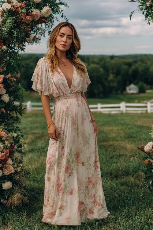 A woman in a white and blush floral maxi dress with flutter sleeves and a belted waist, standing beside a floral arch at a countryside wedding 