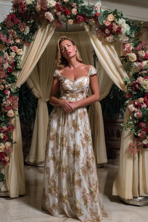 A woman in a white and gold embroidered gown with cap sleeves and a sheer tulle overlay, standing next to a decorated arch with silk curtains and florals