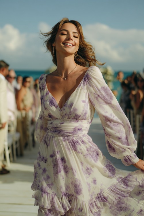 A woman in a white and lavender floral chiffon dress with balloon sleeves and a ruffled hem, spinning slowly at a coastal wedding ceremony