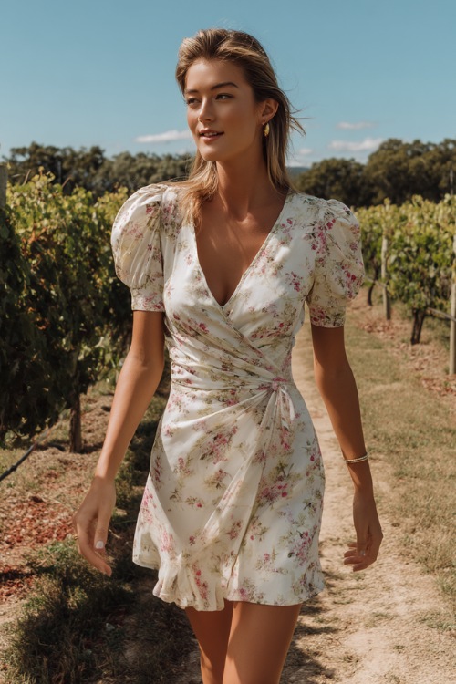 A woman in a white and pastel floral short wrap dress with short puff sleeves, walking near a vineyard wedding altar surrounded by vines 