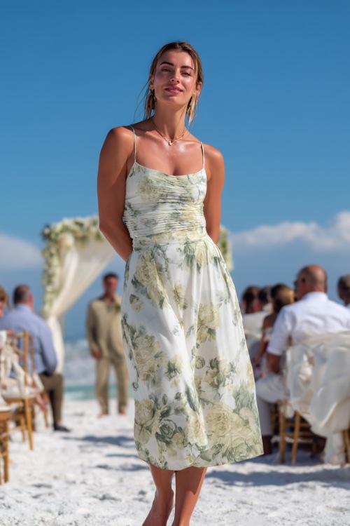 A woman in a white and sage green floral sundress with thin straps and a midi-length skirt, standing barefoot on a beach at a casual wedding ceremony