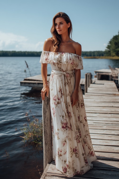 A woman in a white floral off-the-shoulder dress with a flowing skirt and tie waist, standing near a wooden dock set for a lakeside wedding 