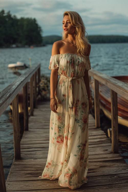 A woman in a white floral off-the-shoulder dress with a flowing skirt and tie waist, standing near a wooden dock set for a lakeside wedding