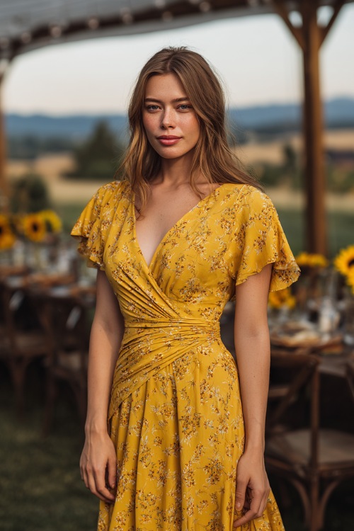 A woman in a yellow midi-length wrap dress with flutter sleeves and a soft floral print, standing near a countryside wedding altar decorated with sunflowers 