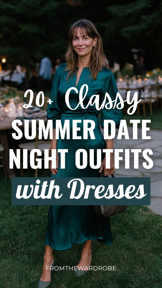 A woman over 40 wears a summer date night outfit with a dress in deep emerald, styled with elegant kitten heels and a structured handbag