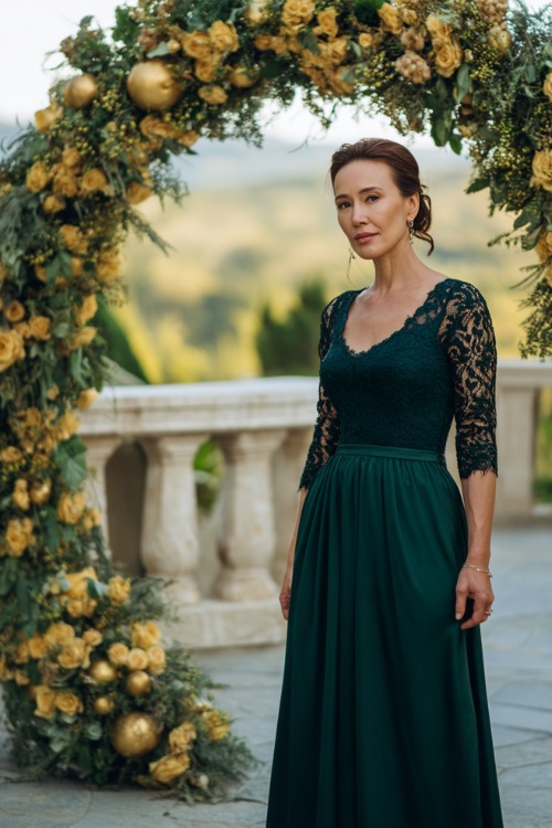 A woman over 50 in a dark green floor-length formal gown with lace three-quarter sleeves and a fitted waist, standing beside a grand wedding arch under golden light 