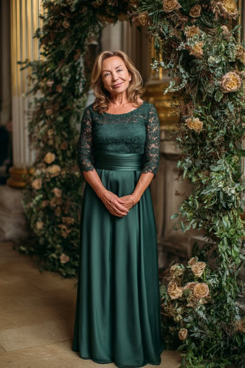 A woman over 50 in a dark green floor-length formal gown with lace three-quarter sleeves and a fitted waist, standing beside a grand wedding arch under golden light