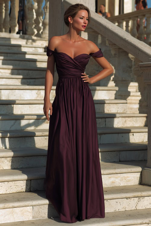 A woman over 50 in a deep plum evening gown with off-the-shoulder sleeves and a floor-length skirt, standing on the steps of a formal outdoor wedding venue