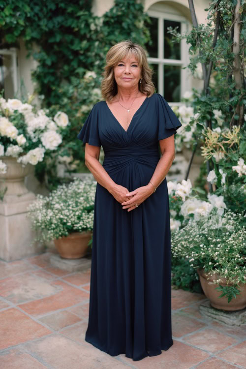 A woman over 50 in a floor-length navy chiffon gown with short flutter sleeves and a pleated bodice, standing in a garden wedding venue with white floral arrangements 