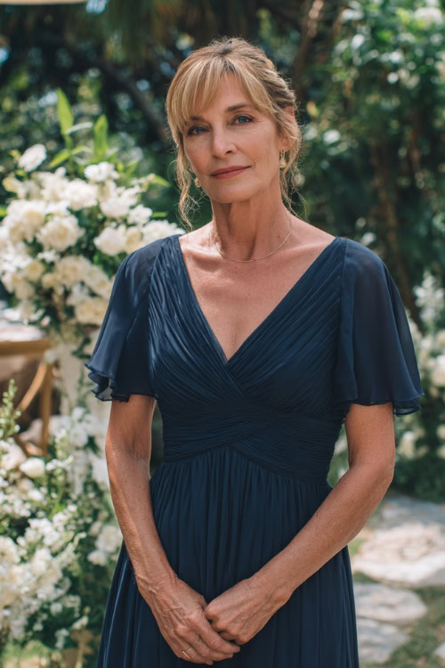 A woman over 50 in a floor-length navy chiffon gown with short flutter sleeves and a pleated bodice, standing in a garden wedding venue with white floral arrangements