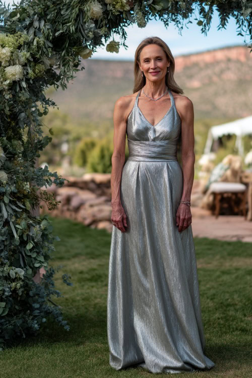 A woman over 50 in a silver A-line formal gown with a subtle shimmer and wide straps, standing beneath a decorated wedding arch with light greenery