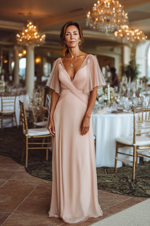 A woman over 50 in a soft blush floor-length gown with sheer flutter sleeves and a subtle A-line silhouette, standing near a formal wedding reception with crystal chandeliers