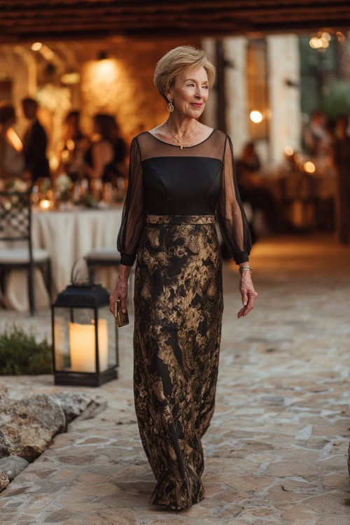 A woman over 50 wearing a black and gold floor-length gown with sheer sleeves and a modest neckline, walking toward an upscale wedding reception under lantern light