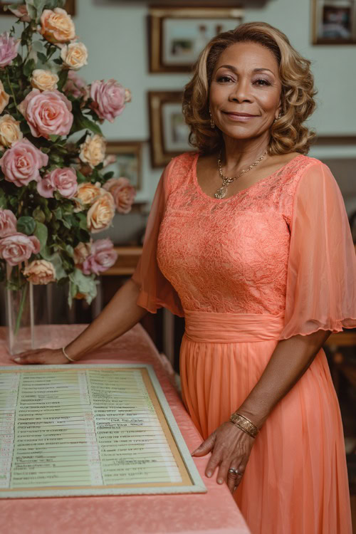 A woman over 50 wearing a coral tea-length formal dress with layered chiffon and elbow-length sleeves, standing beside a wedding seating chart decorated with roses