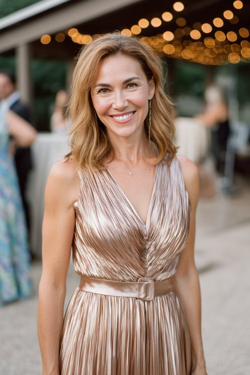 A woman over 50 wearing a rose gold metallic pleated dress with a tea-length hemline and elegant belt, posing at a black-tie wedding cocktail hour under string lights 