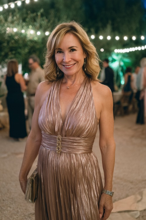 A woman over 50 wearing a rose gold metallic pleated dress with a tea-length hemline and elegant belt, posing at a black-tie wedding cocktail hour under string lights 