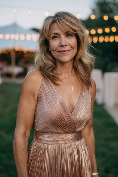 A woman over 50 wearing a rose gold metallic pleated dress with a tea-length hemline and elegant belt, posing at a black-tie wedding cocktail hour under string lights