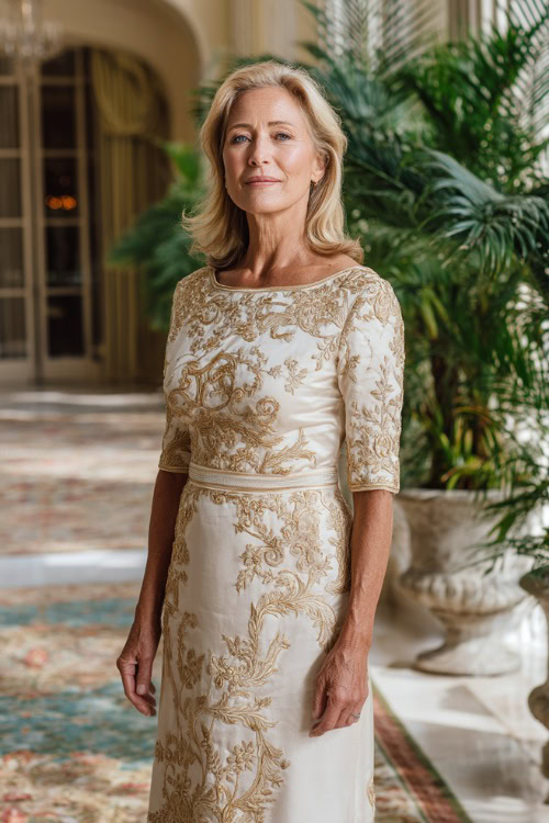 A woman over 50 wearing a white and gold embroidered maxi dress with elbow-length sleeves and a modest neckline, posing at a luxurious destination wedding venue 