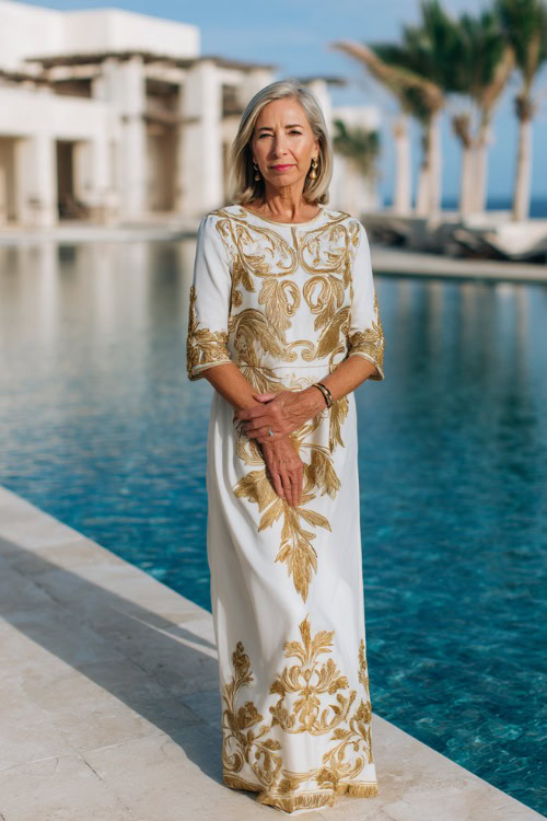 A woman over 50 wearing a white and gold embroidered maxi dress with elbow-length sleeves and a modest neckline, posing at a luxurious destination wedding venue