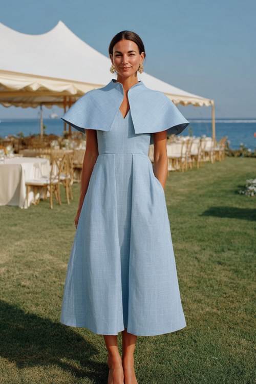 A woman over 50 wears a periwinkle linen midi dress with a subtle woven windowpane check and a wide structured cape collar