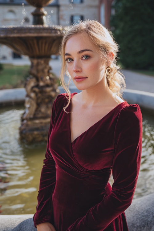 A woman wearing a burgundy velvet formal dress with long sleeves and a modest V-neckline, standing near a fountain at a historic mansion venue 