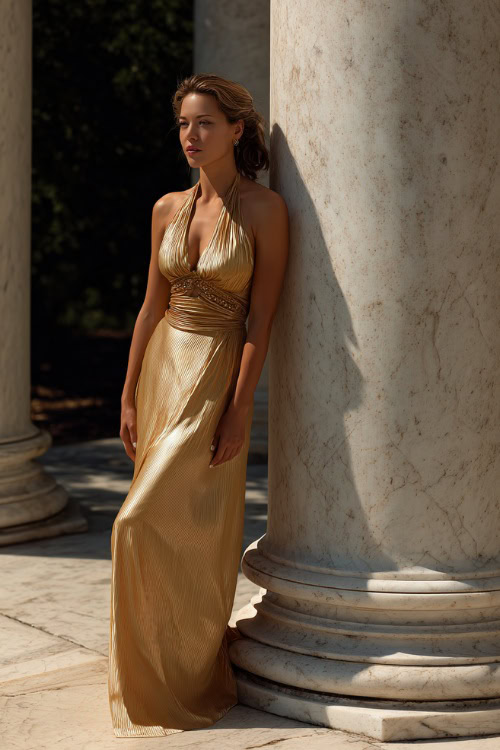 A woman wearing a gold halter-style formal gown with shimmering fabric and a cinched waist, posing beside a marble column at an elegant outdoor wedding 