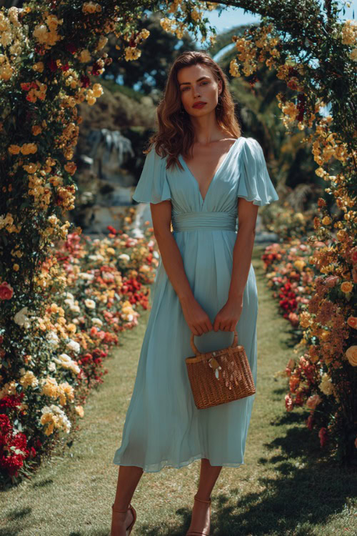 A woman wearing a light blue flowy chiffon midi dress with flutter sleeves, ankle-strap heels, and a small woven handbag 