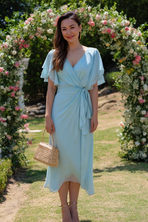 A woman wearing a light blue flowy chiffon midi dress with flutter sleeves, ankle-strap heels, and a small woven handbag 