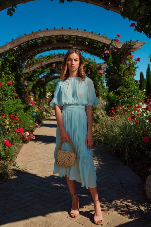 A woman wearing a light blue flowy chiffon midi dress with flutter sleeves, ankle-strap heels, and a small woven handbag