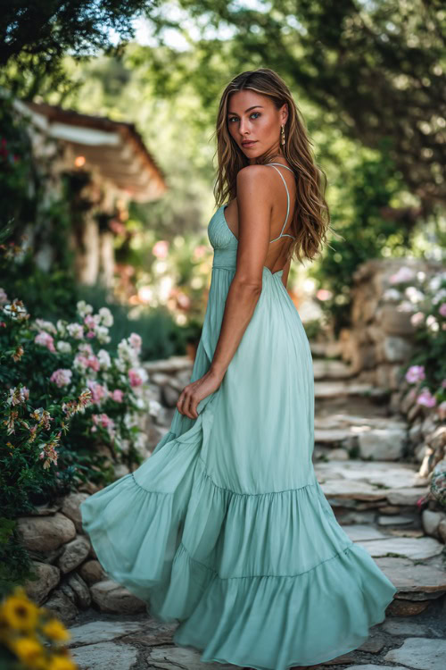A woman wearing a mint green flowy dress with spaghetti straps and tiered layers, posing near a flower-lined stone path at an outdoor wedding