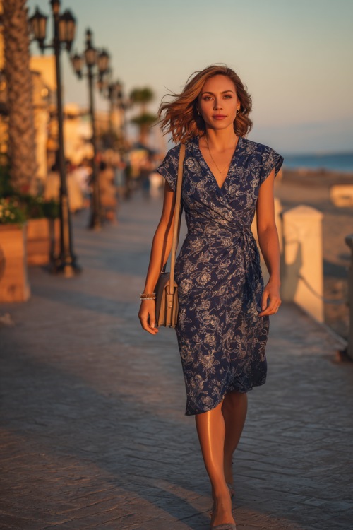 A woman wearing a navy blue floral print wrap dress with cap sleeves, wedge heels, and a crossbody bag 