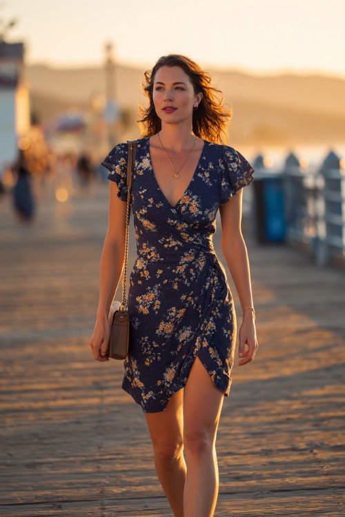 A woman wearing a navy blue floral print wrap dress with cap sleeves, wedge heels, and a crossbody bag