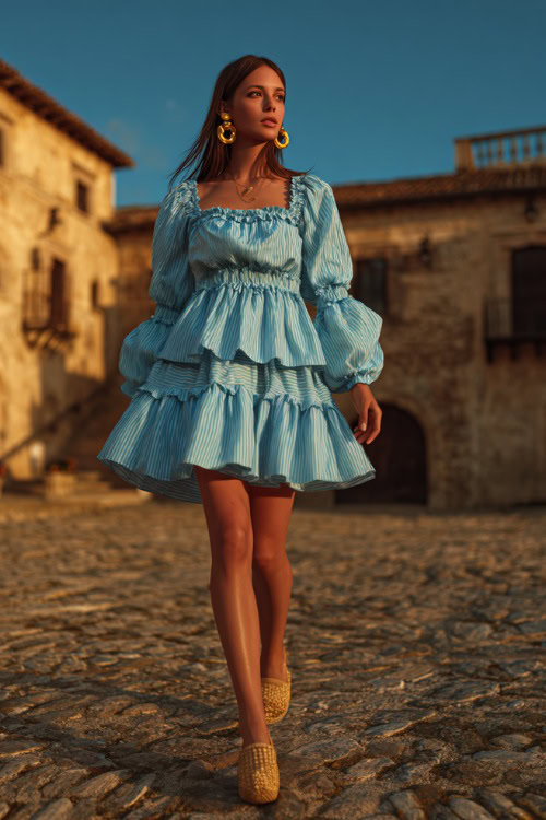 A woman wearing a sky blue tiered ruffle dress with puff sleeves, gold hoop earrings, and platform espadrilles 