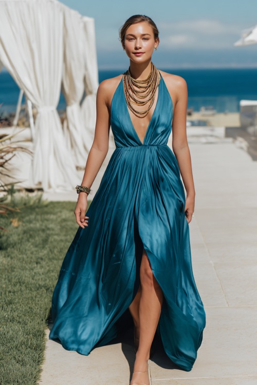A woman wearing a teal blue satin gown with a plunging neckline, gold layered necklaces, and neutral heels